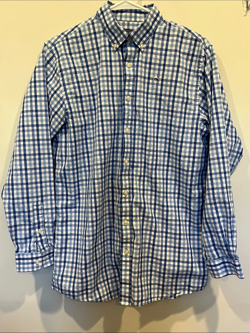 Vineyard Vines blue and white check “whale shirt”, boy’s XL